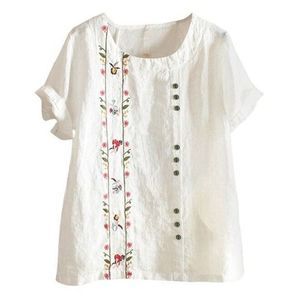 KOMILI White Floral Button Accent Short-Sleeve Top Women & Plus Size S